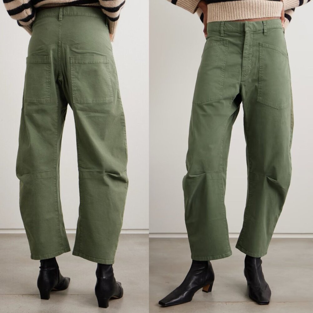 Nili Lotan Shon Pant Camo Green Twill Cotton Barrel Leg Cropped Hemmed Size 0 - Picture 2 of 10